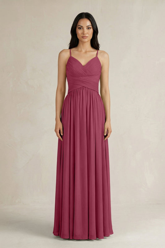 A-Line Pleated Spaghetti Strap Chiffon Bridesmaid Dress in Desert Rose