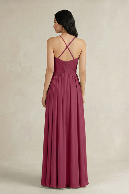 A-Line Pleated Spaghetti Strap Chiffon Bridesmaid Dress in Desert Rose