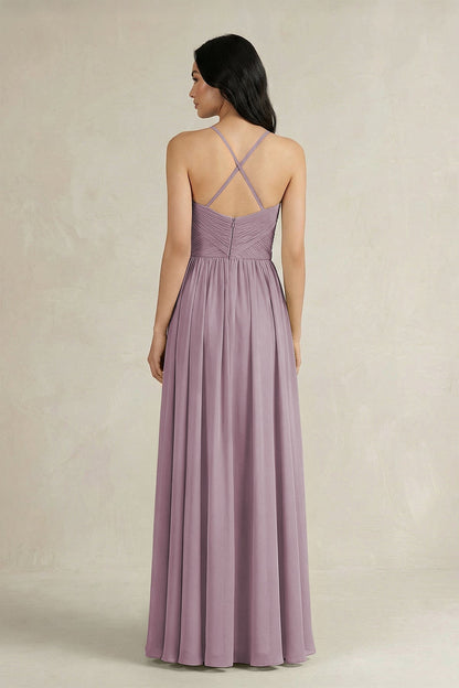 A-Line Pleated Spaghetti Strap Chiffon Bridesmaid Dress in Dusk