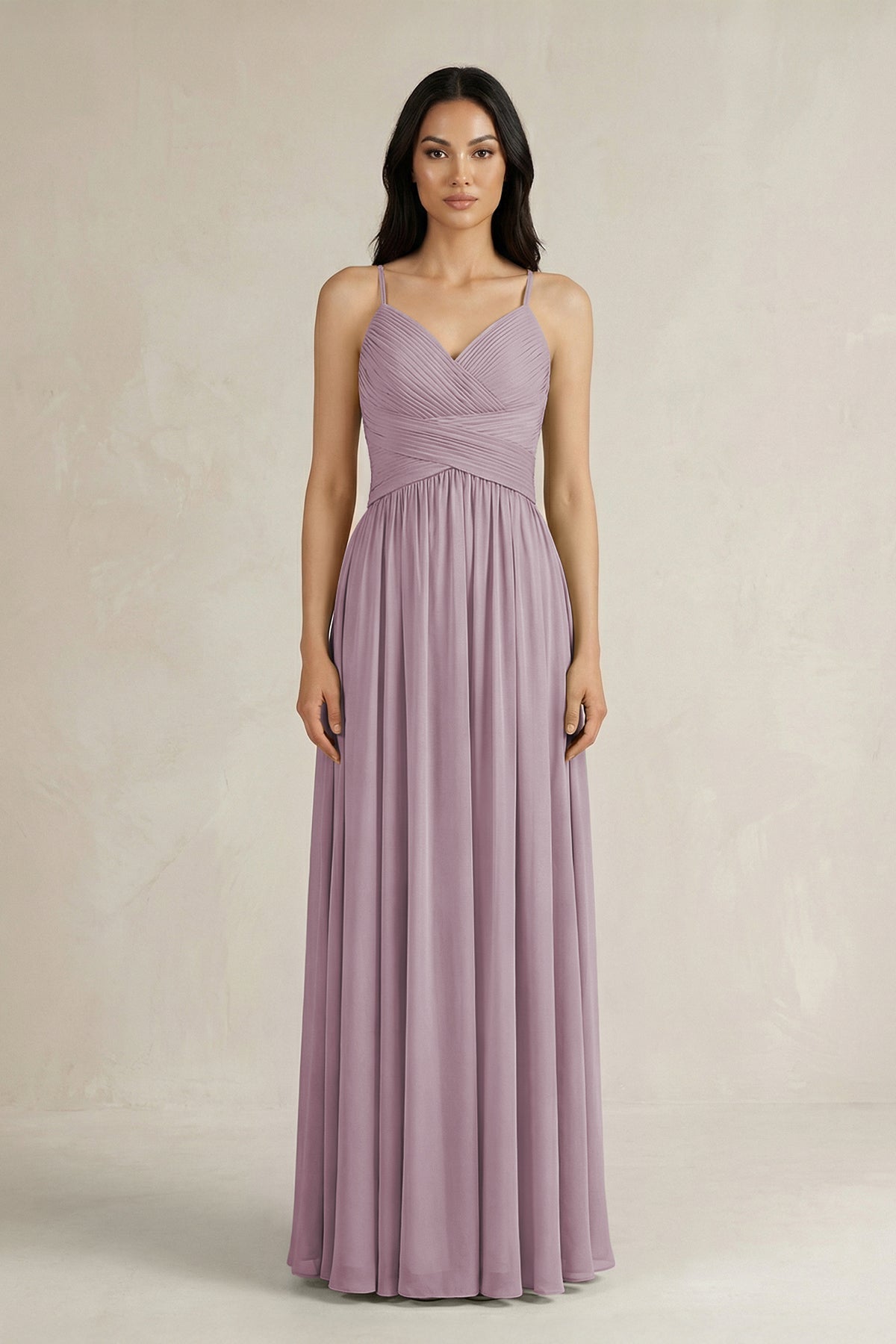 A-Line Pleated Spaghetti Strap Chiffon Bridesmaid Dress in Dusk
