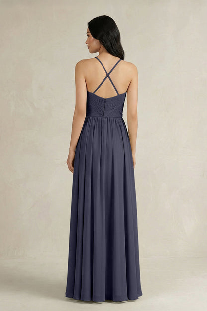 A-Line Pleated Spaghetti Strap Chiffon Bridesmaid Dress in Dusk Blue