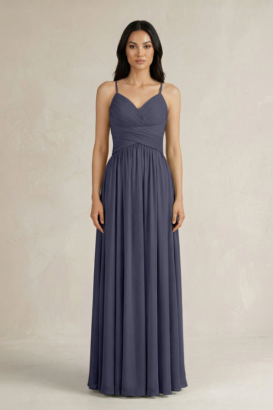 A-Line Pleated Spaghetti Strap Chiffon Bridesmaid Dress in Dusk Blue