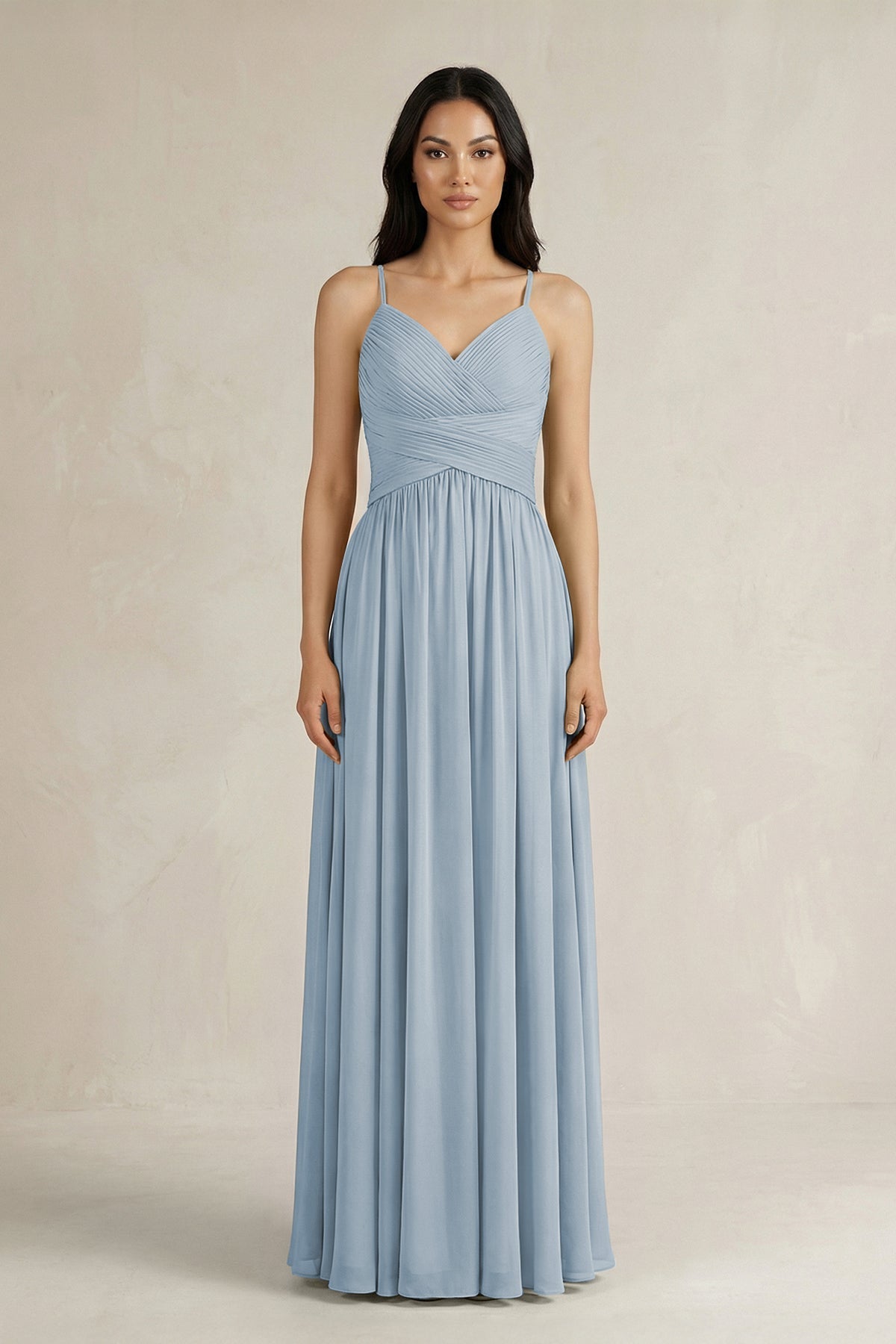 A-Line Pleated Spaghetti Strap Chiffon Bridesmaid Dress in Dusty Blue