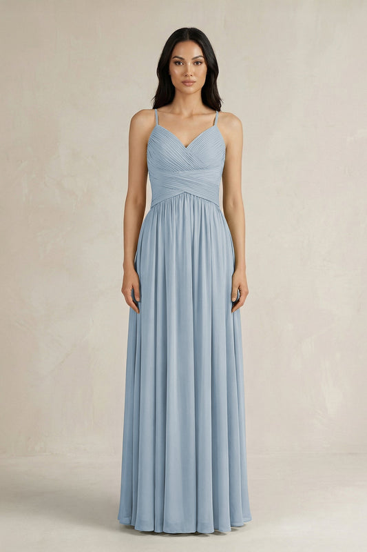A-Line Pleated Spaghetti Strap Chiffon Bridesmaid Dress in Dusty Blue
