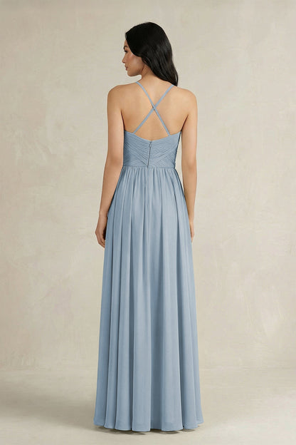 A-Line Pleated Spaghetti Strap Chiffon Bridesmaid Dress in Dusty Blue