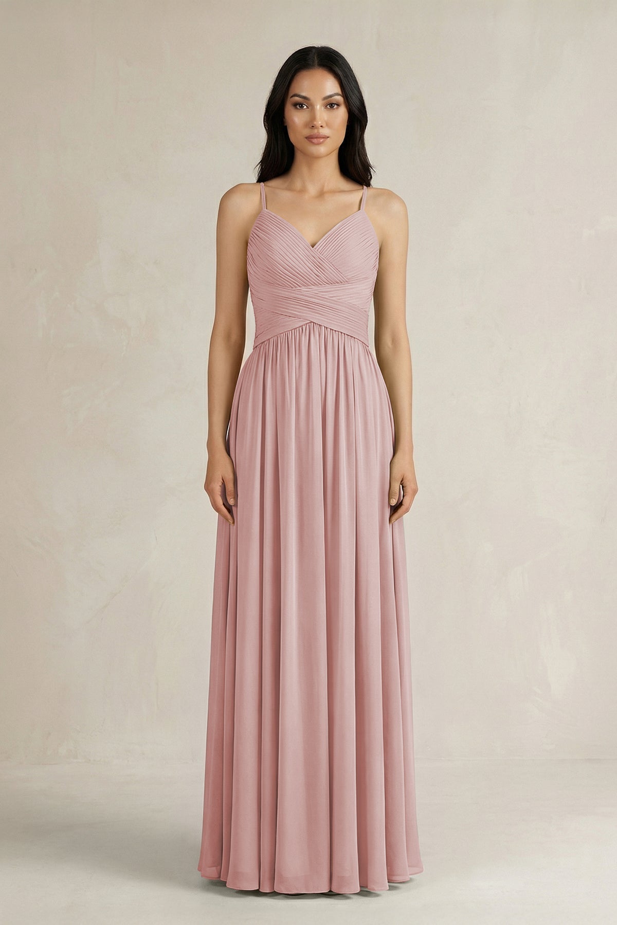 A-Line Pleated Spaghetti Strap Chiffon Bridesmaid Dress in Dusty Rose