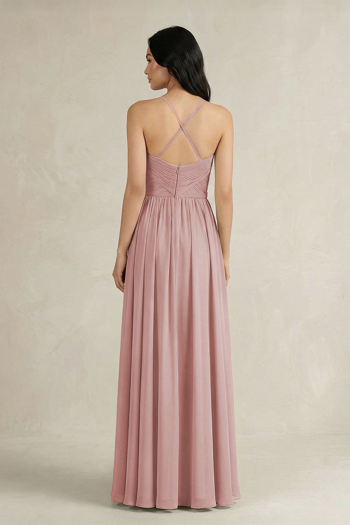 A-Line Pleated Spaghetti Strap Chiffon Bridesmaid Dress in Dusty Rose