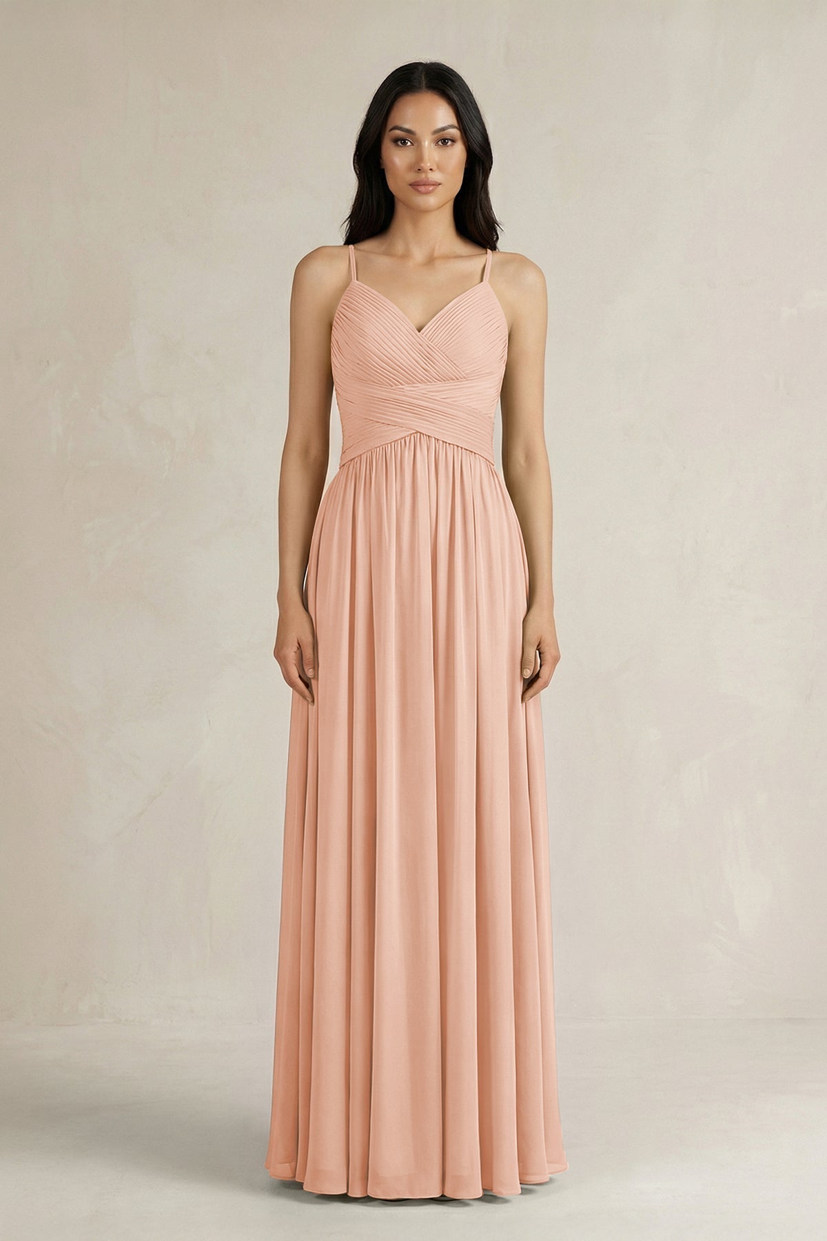 A-Line Pleated Spaghetti Strap Chiffon Bridesmaid Dress in English Rose