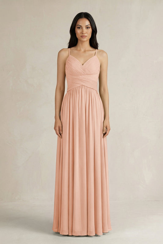 A-Line Pleated Spaghetti Strap Chiffon Bridesmaid Dress in English Rose