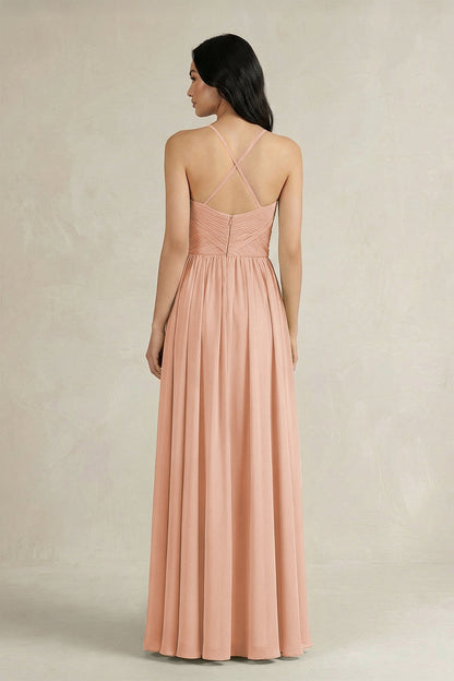 A-Line Pleated Spaghetti Strap Chiffon Bridesmaid Dress in English Rose