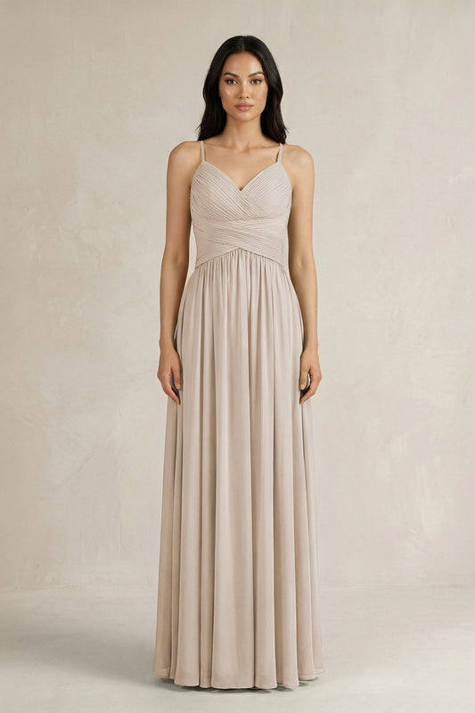 A-Line Pleated Spaghetti Strap Chiffon Bridesmaid Dress in Frost