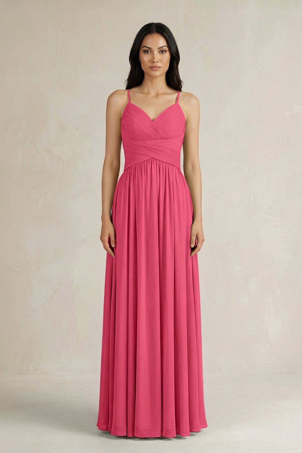 A-Line Pleated Spaghetti Strap Chiffon Bridesmaid Dress in Fuchsia