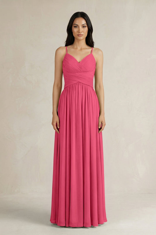A-Line Pleated Spaghetti Strap Chiffon Bridesmaid Dress in Fuchsia