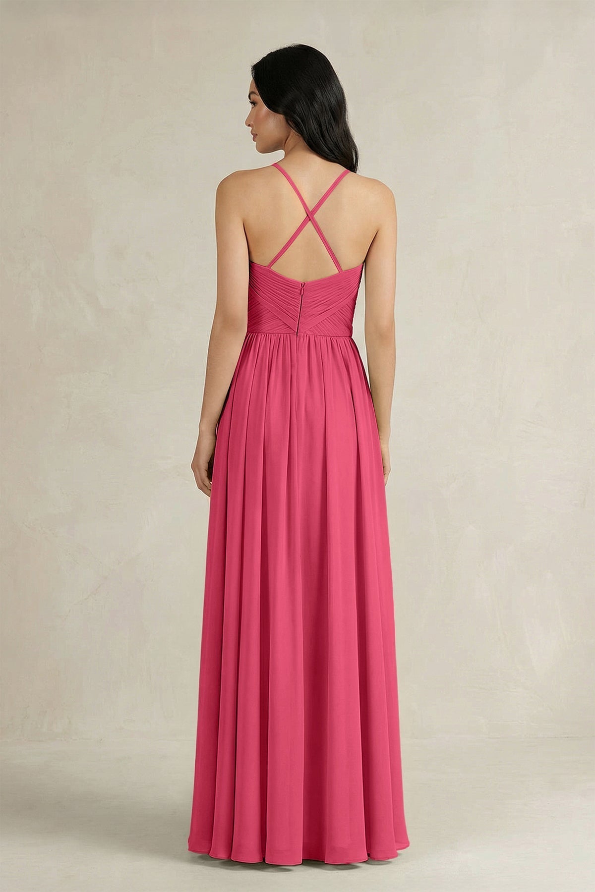 A-Line Pleated Spaghetti Strap Chiffon Bridesmaid Dress in Fuchsia