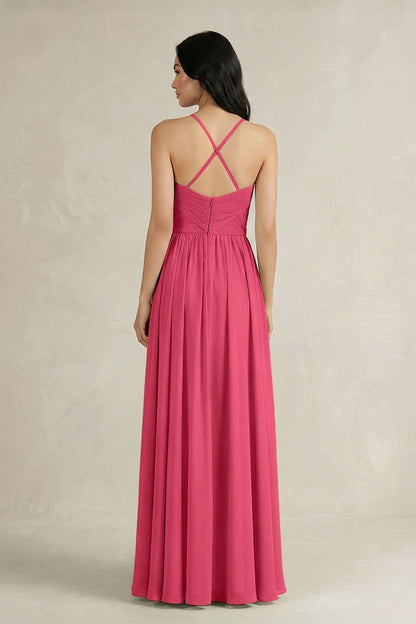 A-Line Pleated Spaghetti Strap Chiffon Bridesmaid Dress in Fuchsia