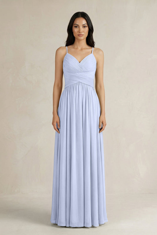 A-Line Pleated Spaghetti Strap Chiffon Bridesmaid Dress in Ice