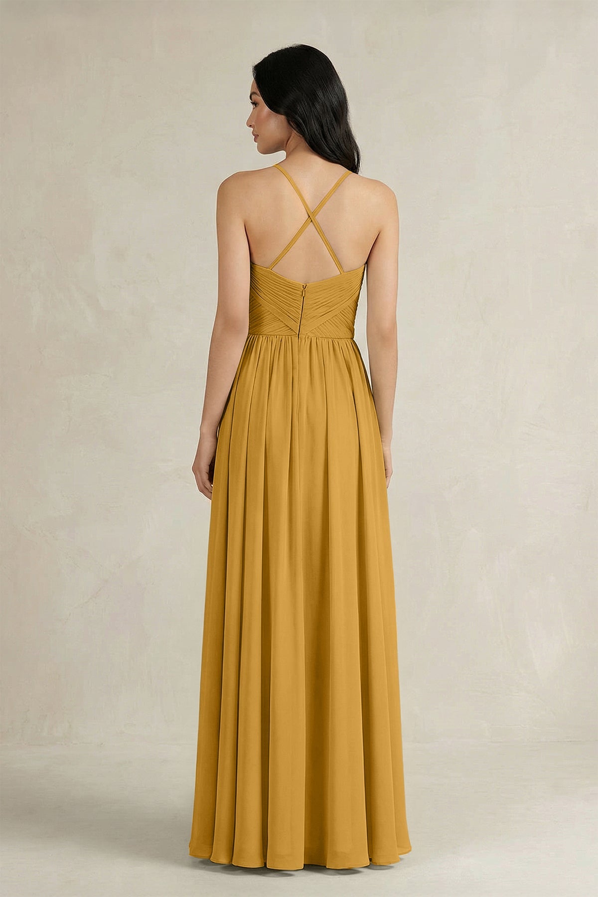 A-Line Pleated Spaghetti Strap Chiffon Bridesmaid Dress in Marigold