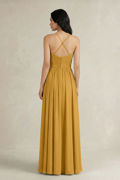 A-Line Pleated Spaghetti Strap Chiffon Bridesmaid Dress in Marigold