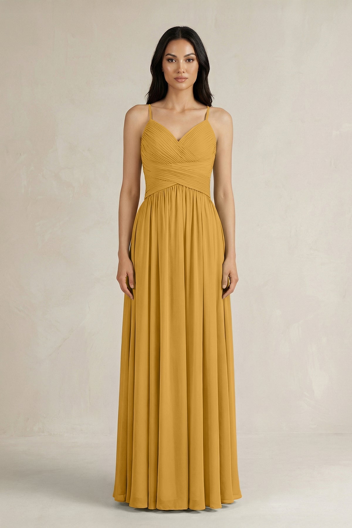 A-Line Pleated Spaghetti Strap Chiffon Bridesmaid Dress in Marigold