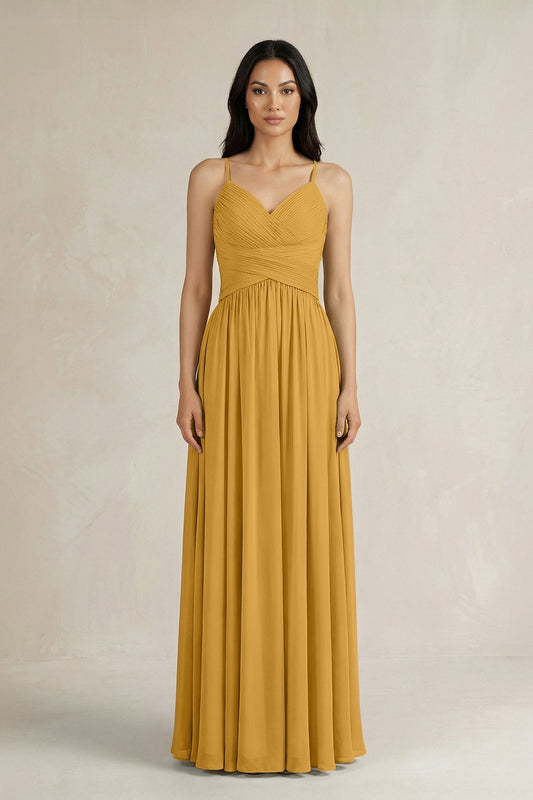 A-Line Pleated Spaghetti Strap Chiffon Bridesmaid Dress in Marigold