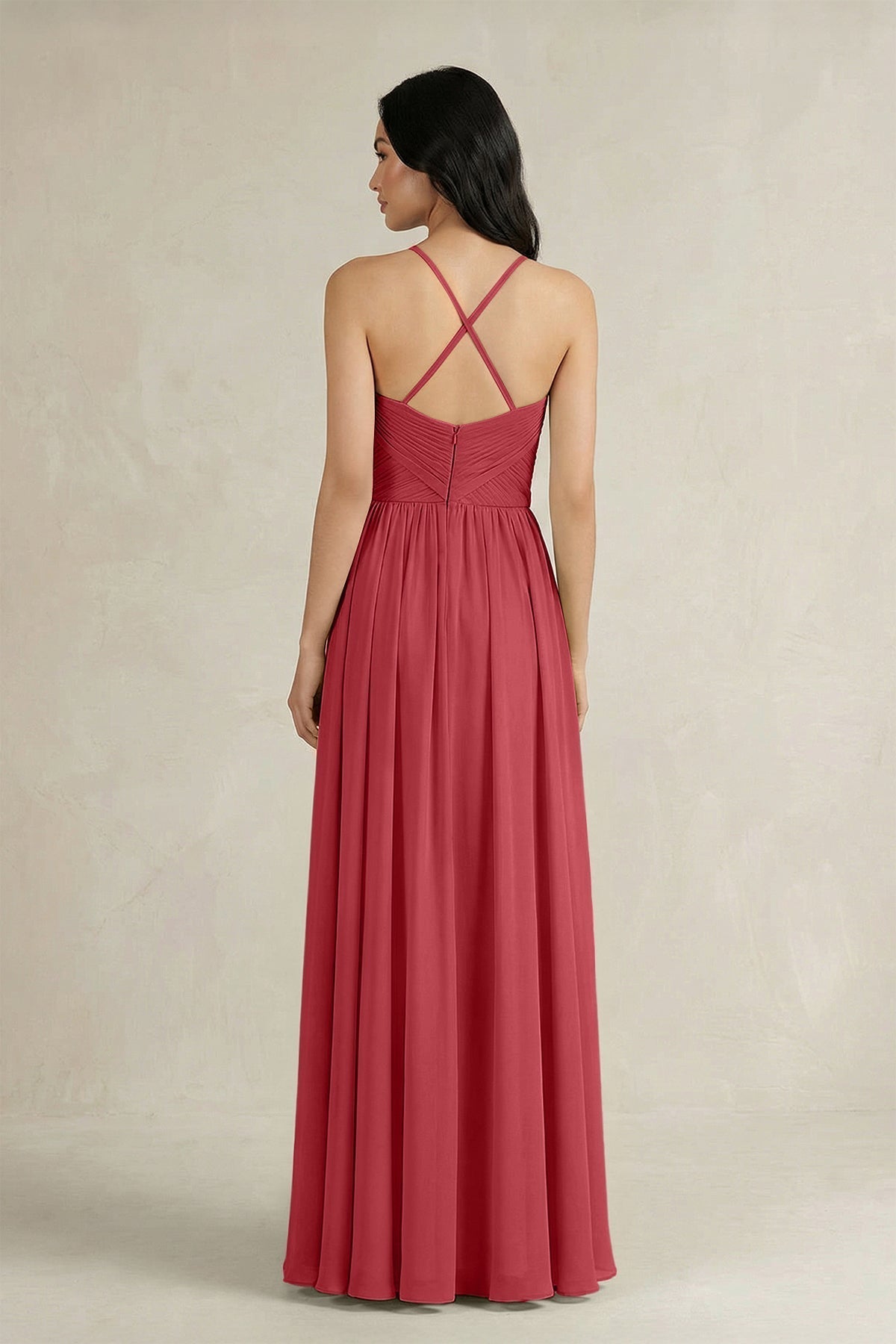A-Line Pleated Spaghetti Strap Chiffon Bridesmaid Dress in Merlot