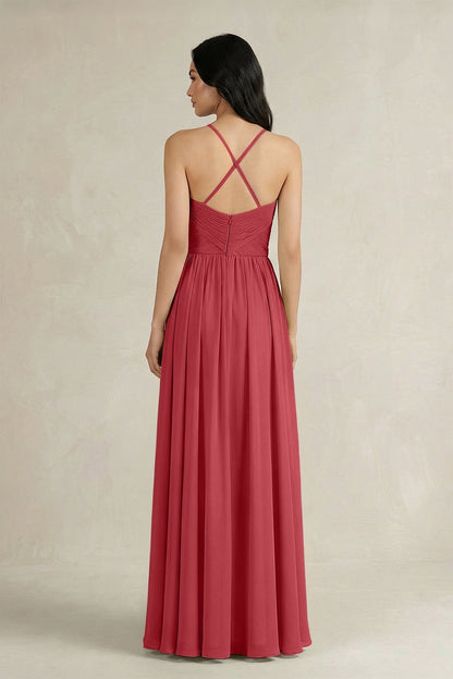 A-Line Pleated Spaghetti Strap Chiffon Bridesmaid Dress in Merlot