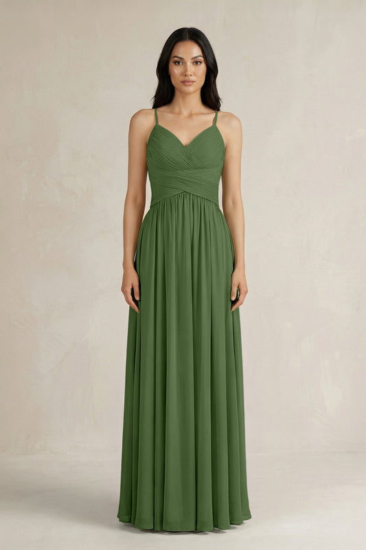 A-Line Pleated Spaghetti Strap Chiffon Bridesmaid Dress in Moss