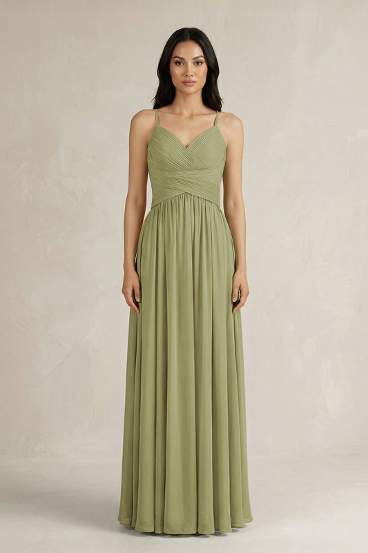 A-Line Pleated Spaghetti Strap Chiffon Bridesmaid Dress in Moss Green