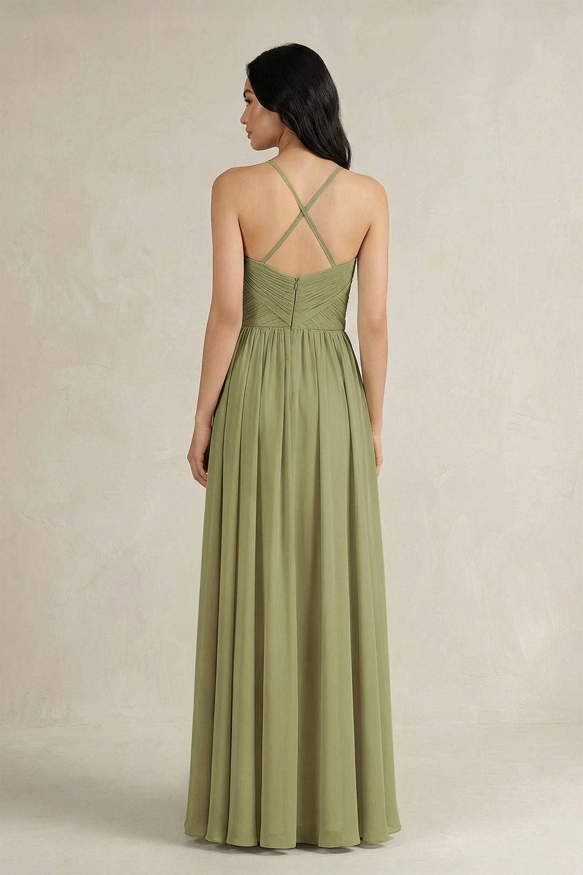 A-Line Pleated Spaghetti Strap Chiffon Bridesmaid Dress in Moss Green