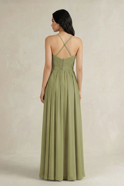 A-Line Pleated Spaghetti Strap Chiffon Bridesmaid Dress in Moss Green