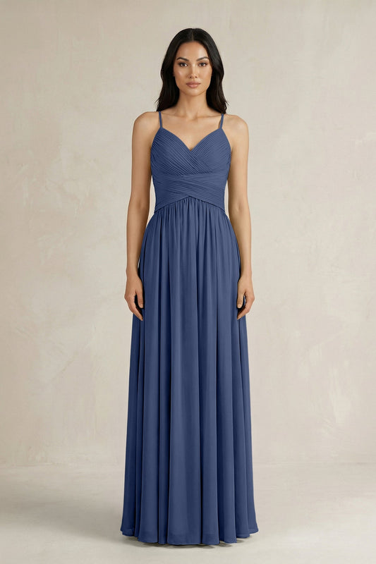 A-Line Pleated Spaghetti Strap Chiffon Bridesmaid Dress in Navy