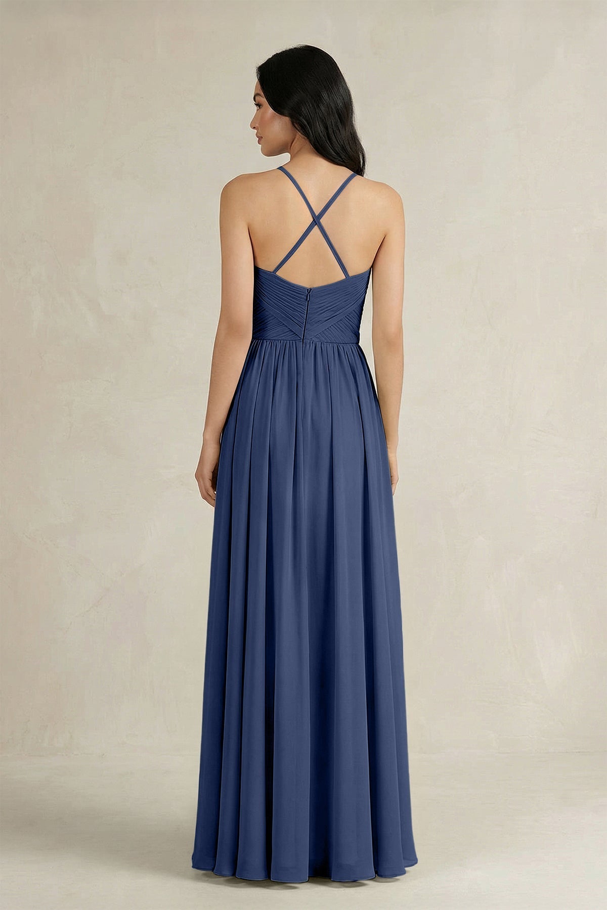 A-Line Pleated Spaghetti Strap Chiffon Bridesmaid Dress in Navy