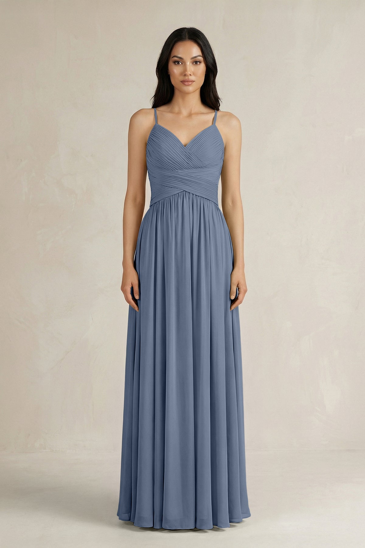 A-Line Pleated Spaghetti Strap Chiffon Bridesmaid Dress in Neptune