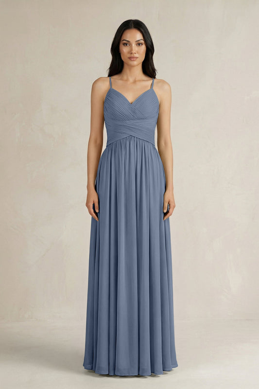 A-Line Pleated Spaghetti Strap Chiffon Bridesmaid Dress in Neptune