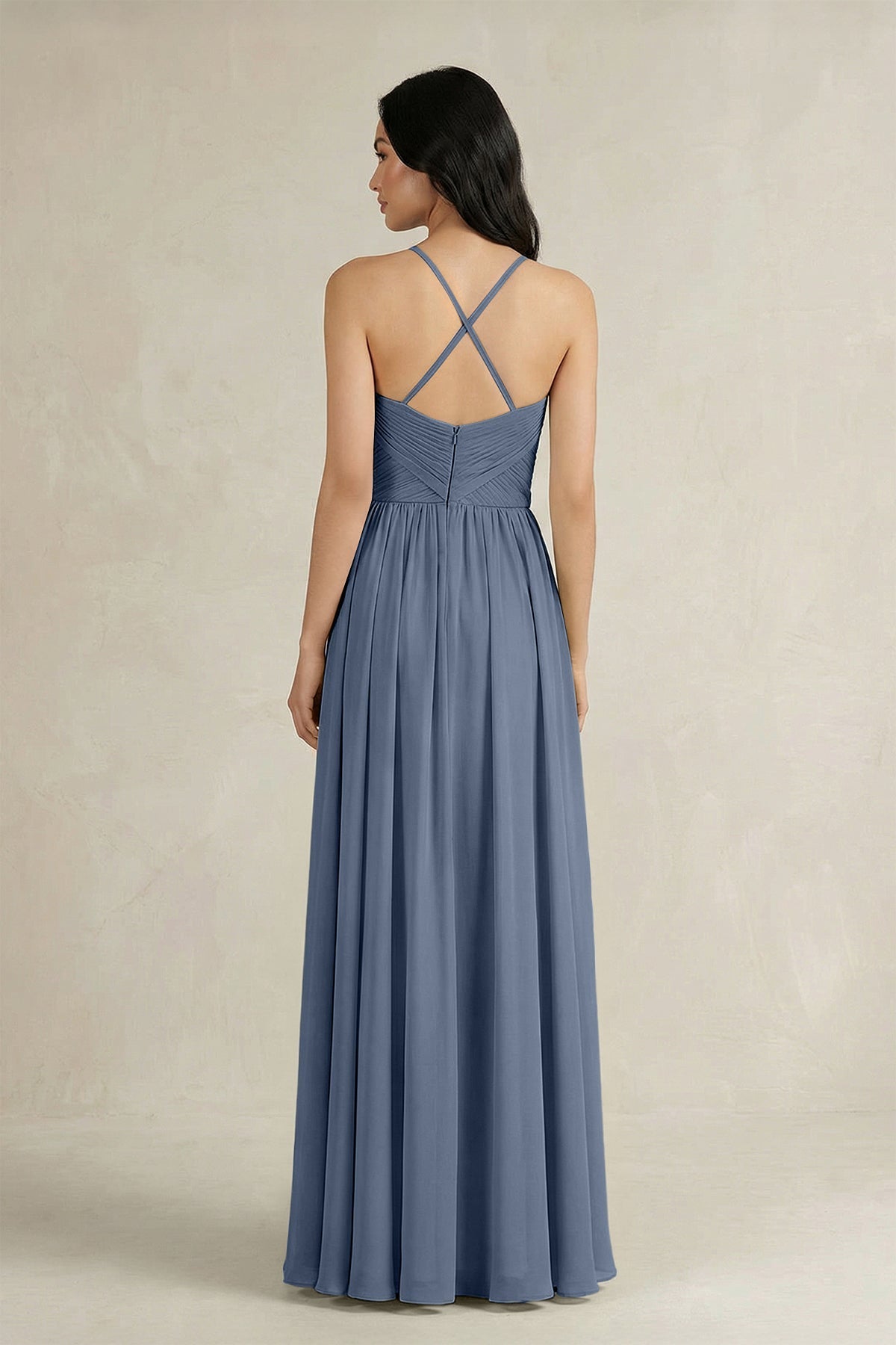 A-Line Pleated Spaghetti Strap Chiffon Bridesmaid Dress in Neptune