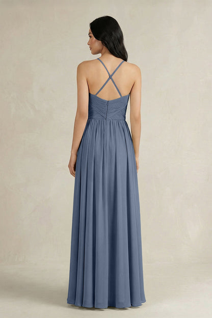 A-Line Pleated Spaghetti Strap Chiffon Bridesmaid Dress in Neptune