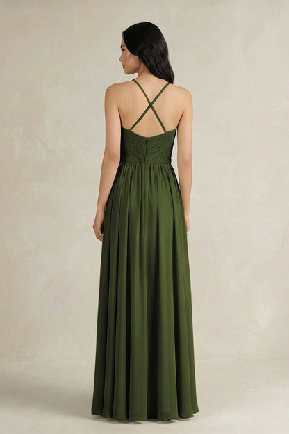 A-Line Pleated Spaghetti Strap Chiffon Bridesmaid Dress in Olive