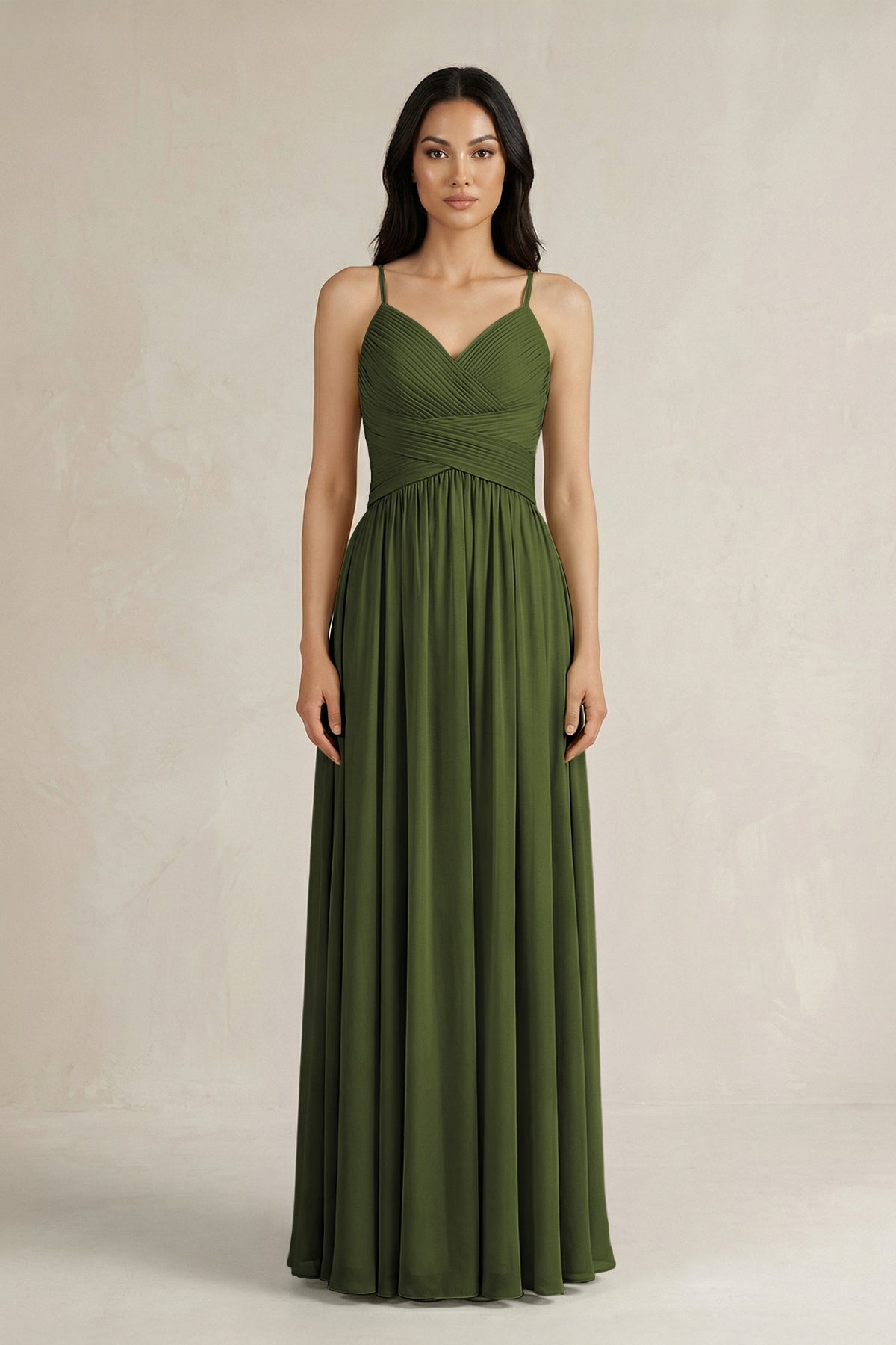 A-Line Pleated Spaghetti Strap Chiffon Bridesmaid Dress in Olive