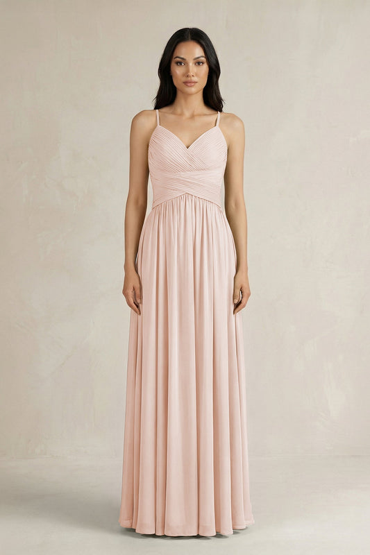 A-Line Pleated Spaghetti Strap Chiffon Bridesmaid Dress in Pale Blush