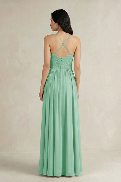 A-Line Pleated Spaghetti Strap Chiffon Bridesmaid Dress in Pale Pistachio