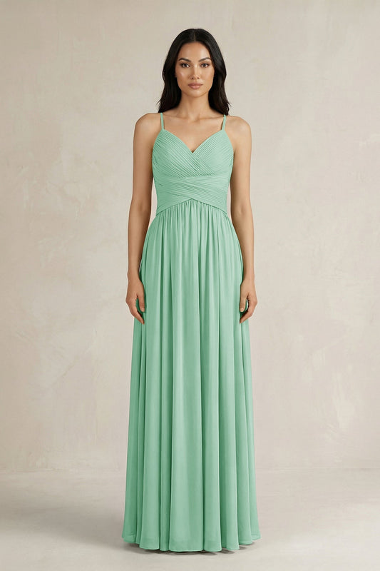 A-Line Pleated Spaghetti Strap Chiffon Bridesmaid Dress in Pale Pistachio