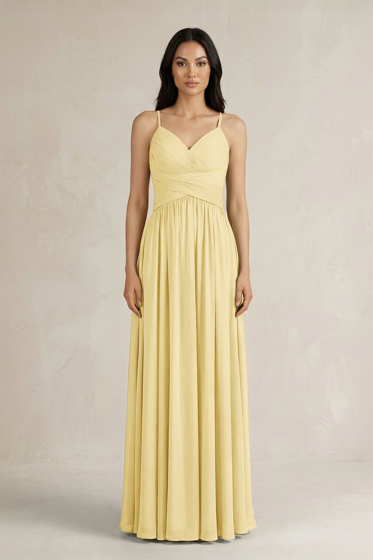 A-Line Pleated Spaghetti Strap Chiffon Bridesmaid Dress in Pastel Yellow