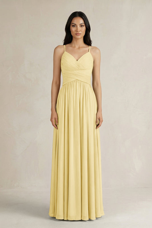A-Line Pleated Spaghetti Strap Chiffon Bridesmaid Dress in Pastel Yellow