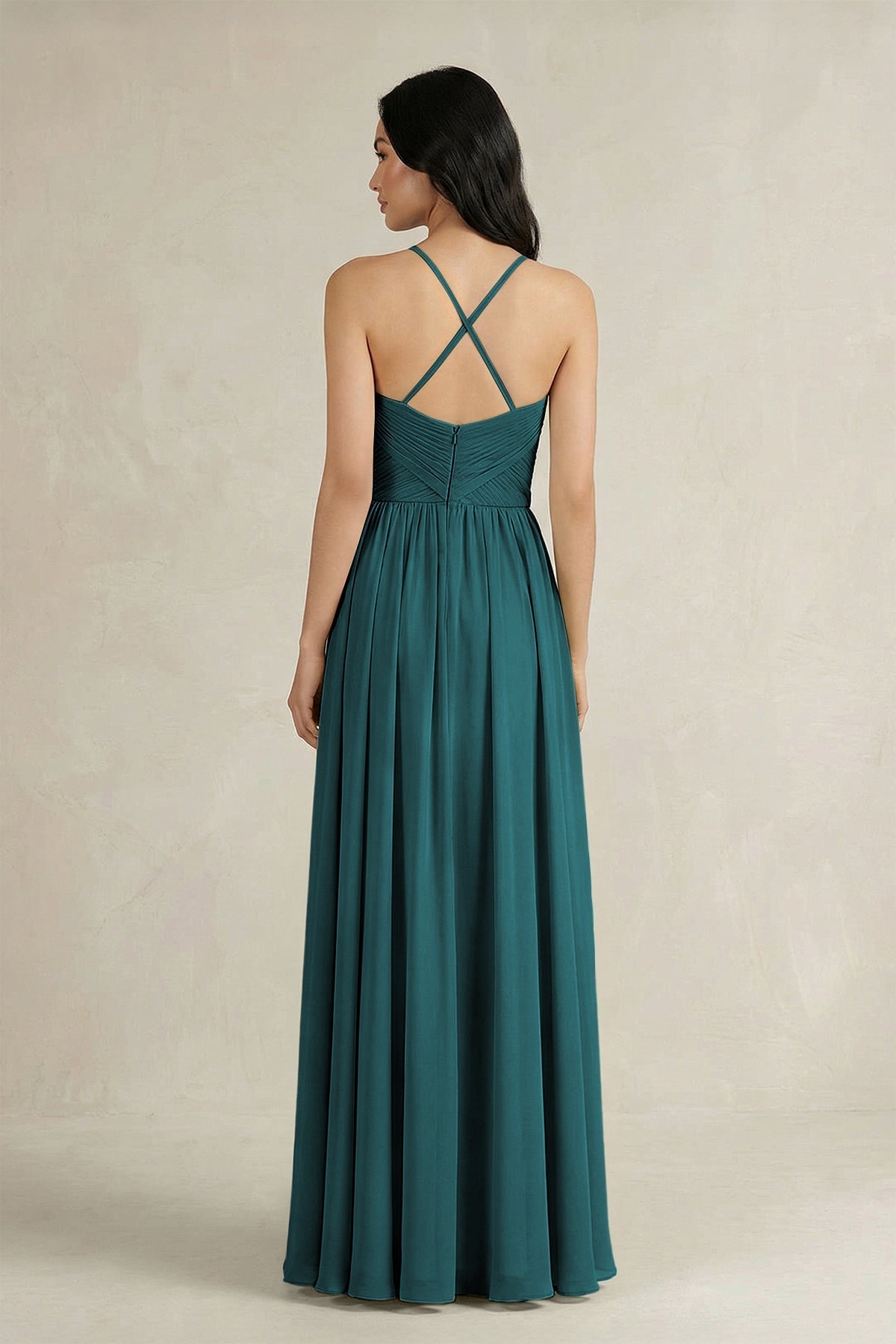 A-Line Pleated Spaghetti Strap Chiffon Bridesmaid Dress in Pine