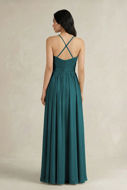 A-Line Pleated Spaghetti Strap Chiffon Bridesmaid Dress in Pine