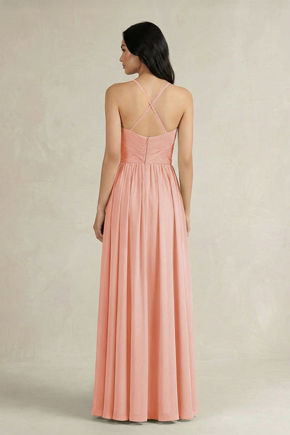 A-Line Pleated Spaghetti Strap Chiffon Bridesmaid Dress in Rose Petal