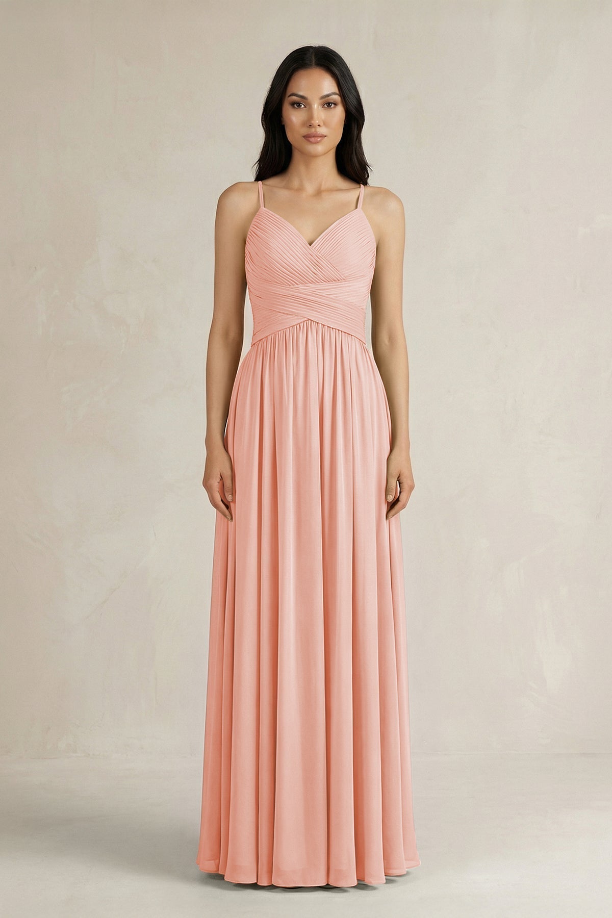 A-Line Pleated Spaghetti Strap Chiffon Bridesmaid Dress in Rose Petal