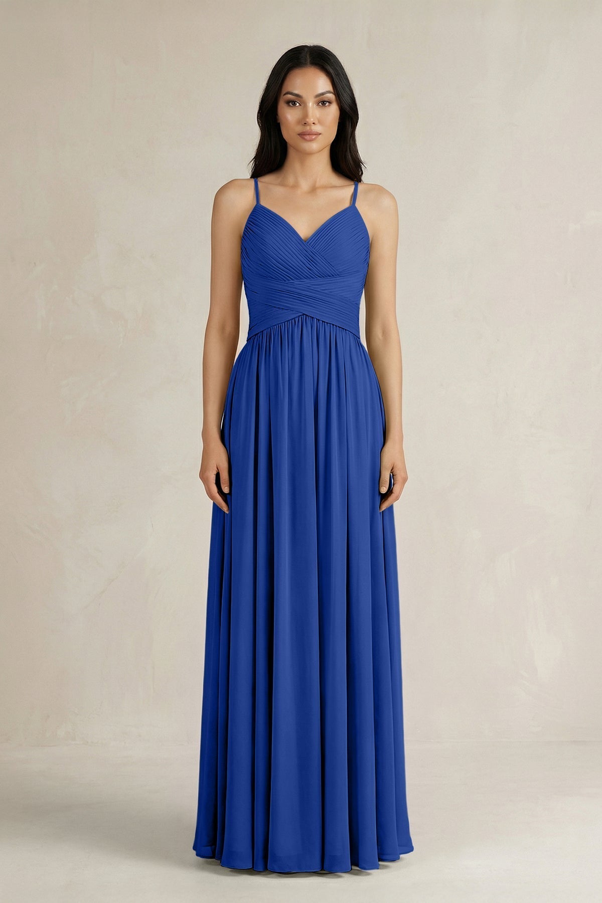 A-Line Pleated Spaghetti Strap Chiffon Bridesmaid Dress in Royal Blue