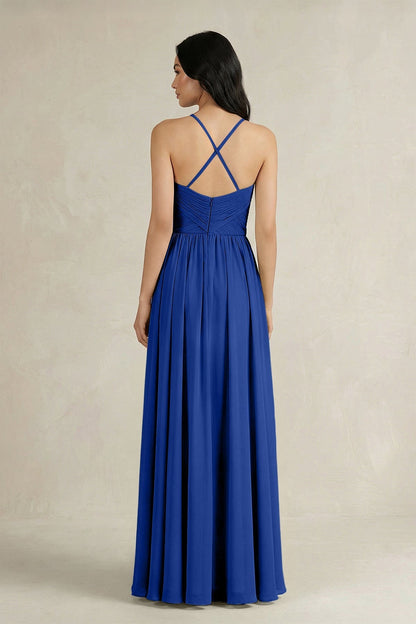 A-Line Pleated Spaghetti Strap Chiffon Bridesmaid Dress in Royal Blue