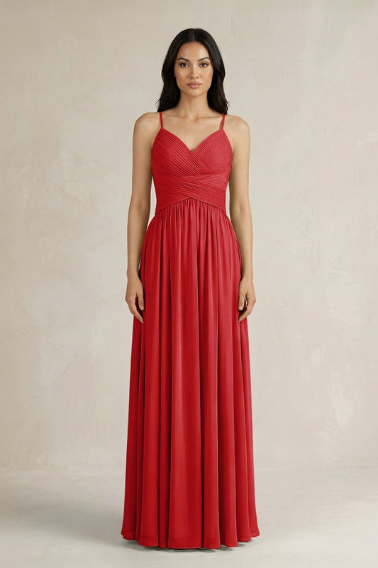 A-Line Pleated Spaghetti Strap Chiffon Bridesmaid Dress in Ruby Red